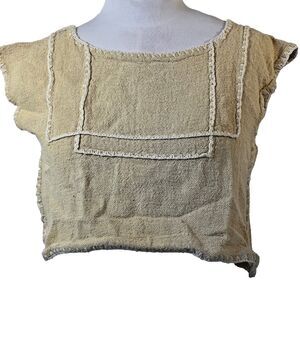 Vintage 1970s Yellow Linen Chain Stitched Crop Top Peasant Rennaisance Oversize